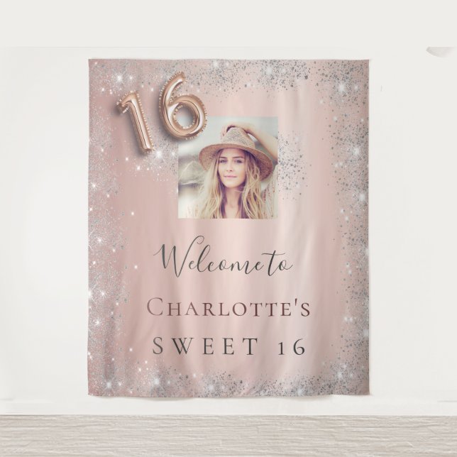 Sweet 16 Rose Gold Foto Silber Glitzer willkommen Wandteppich (Vorderseite)