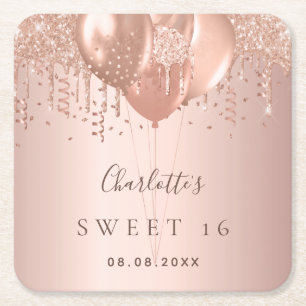 Sweet 16 Rose Gold Glitzer Ballons Monogramm 16. Rechteckiger Pappuntersetzer