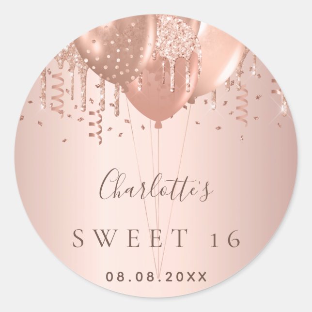 Sweet 16 Rose Gold Glitzer Ballons Monogramm 16. Runder Aufkleber (Vorderseite)