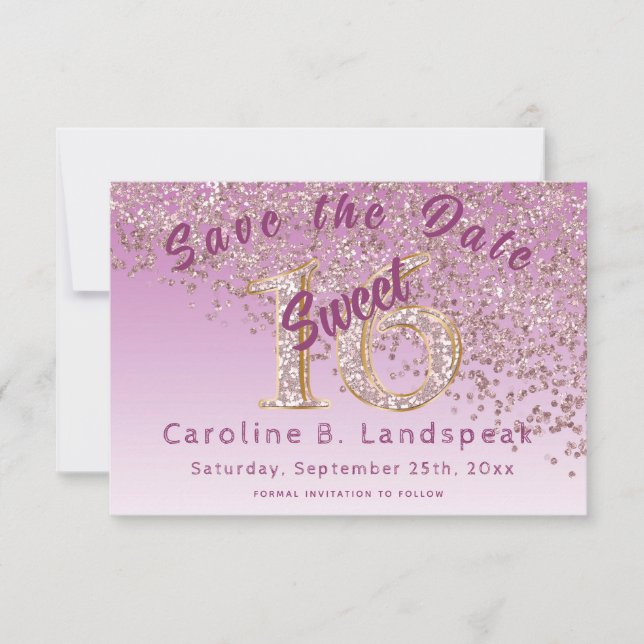 Sweet 16 Rose Gold Glitzer Chic Glitzer Nummer 16 Save The Date (Vorderseite)