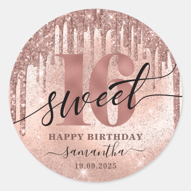 Sweet 16 Rose Gold Glitzer & Foil Runder Aufkleber (Vorderseite)