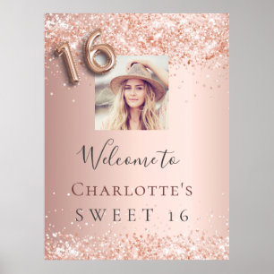 Sweet 16 Rose Gold Glitzer Foto Begrüßung Party Poster