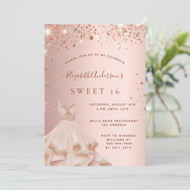 Sweet 16 Rose Gold Glitzer Funkelkleid Einladung (Stehend Vorderseite)
