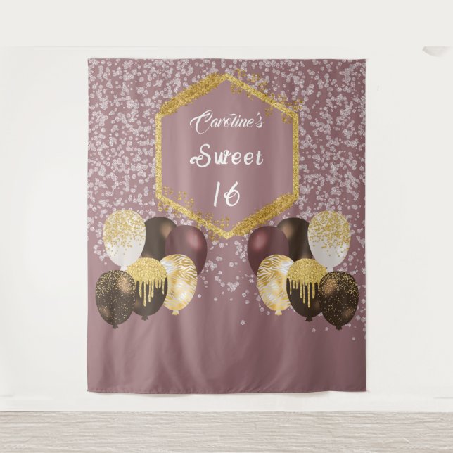 Sweet 16 Rose Gold Glitzer & Glitzer Party Ballon Wandteppich (Vorderseite)