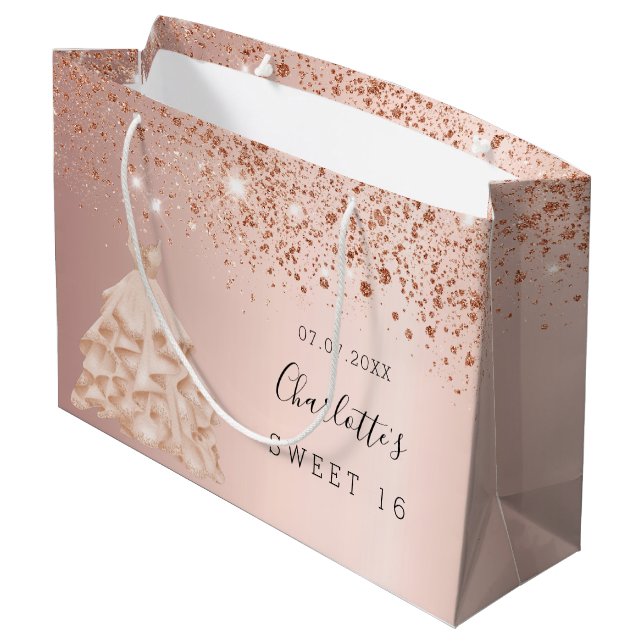 Sweet 16 Rose Gold Glitzer Kleid Name Party Große Geschenktüte (Rückseite Schrägansicht)