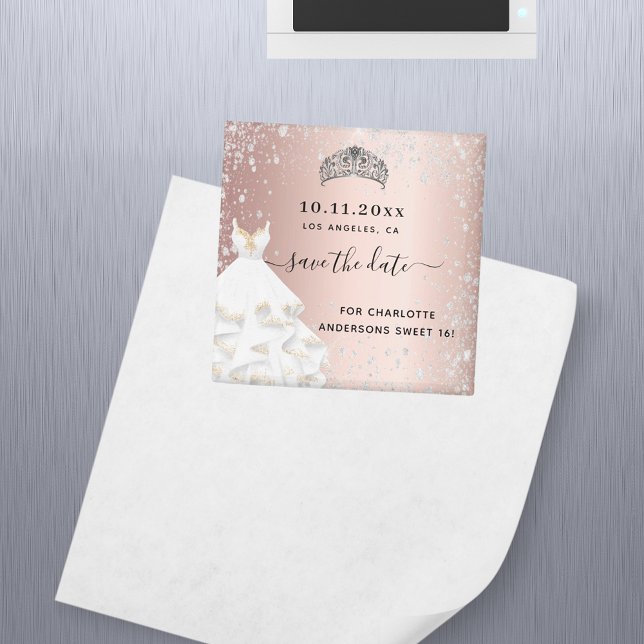 Sweet 16 Rose Gold Glitzer Kleid Save the Date Magnet (Von Creator hochgeladen)