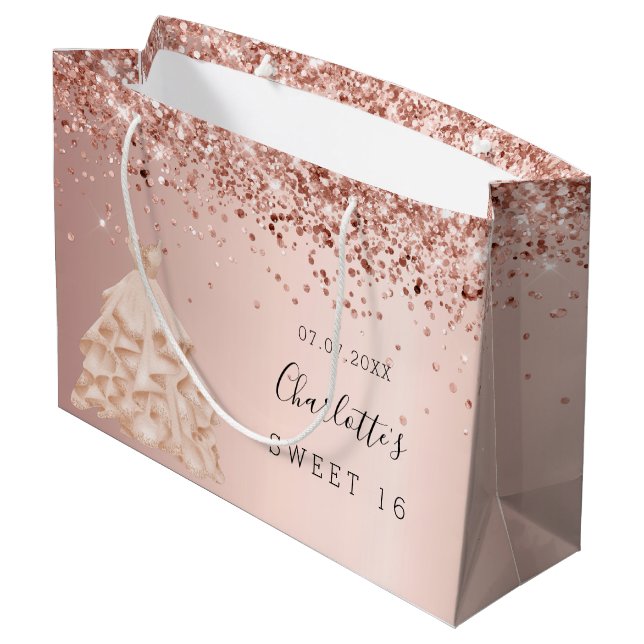 Sweet 16 Rose Gold Glitzer Kleidung Name Große Geschenktüte (Rückseite Schrägansicht)