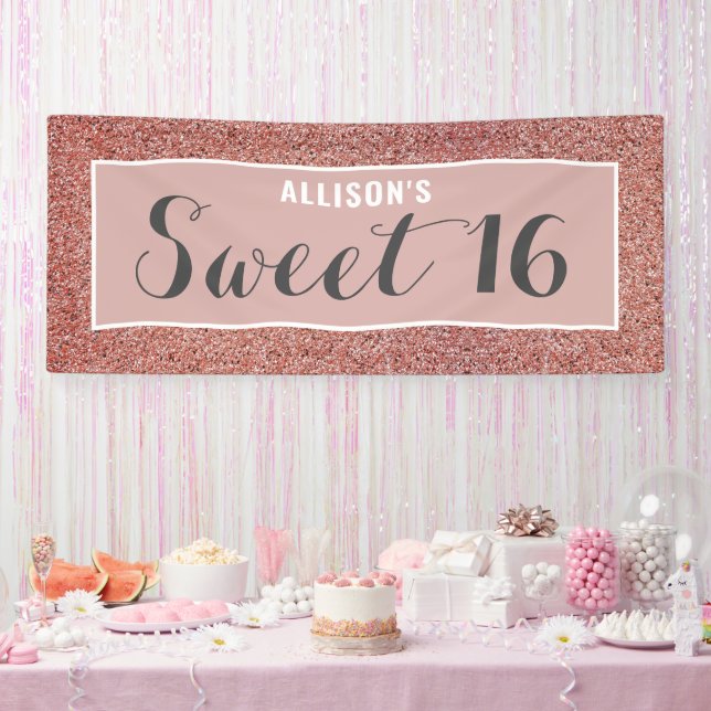 Sweet 16 Rose Gold Glitzer Personalisiert Banner (Party)