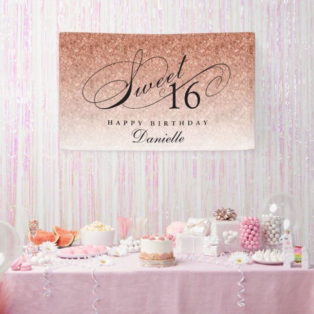 Sweet 16 Rose Gold Glitzer Personalisiert Geburtst Banner (Party)