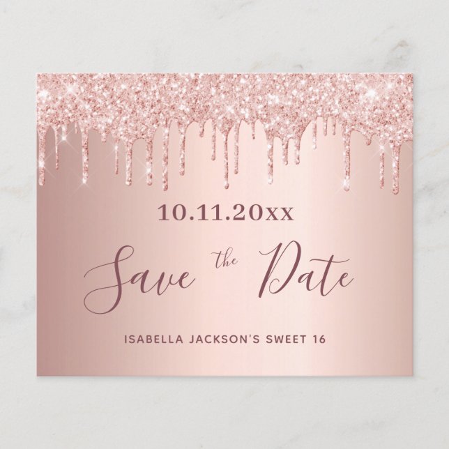 Sweet 16 Rose Gold Glitzer Save the Date Flyer (Vorne)