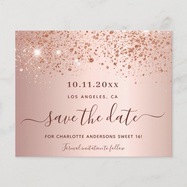 Sweet 16 Rose Gold Glitzer Save the Date Flyer (Vorne)