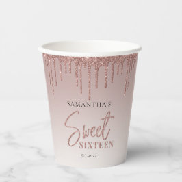 Sweet 16 Rose Gold Glitzer Script Geburtstagsparty Pappbecher