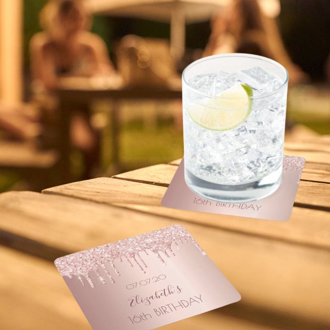 Sweet 16 Rose Gold Glitzer Tropfen erröten Rechteckiger Pappuntersetzer (Von Creator hochgeladen)