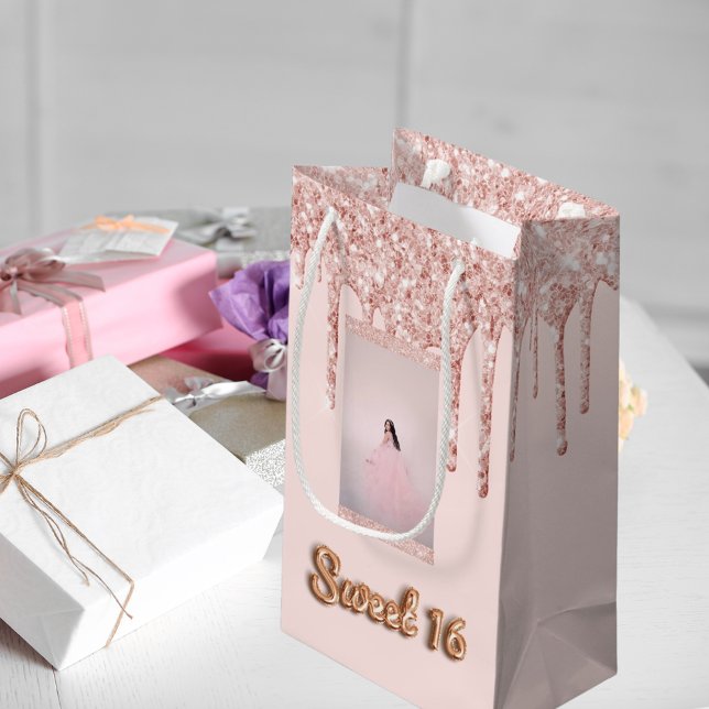 Sweet 16 Rose Gold Glitzer Tropfen Foto Kleine Geschenktüte (Von Creator hochgeladen)