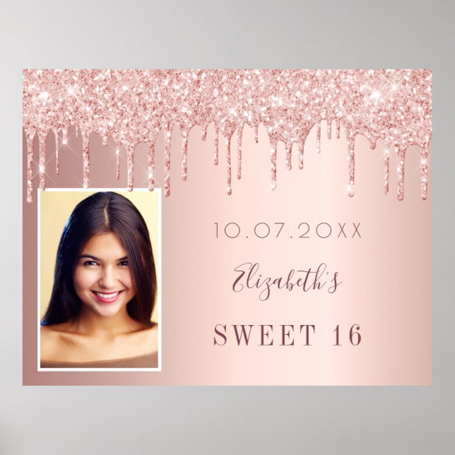 Sweet 16 Rose Gold Glitzer Tropfen Foto Poster (Vorne)