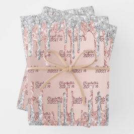 Sweet 16 Rose Gold Glitzer Tropfen Rosa Silber Geschenkpapier Set