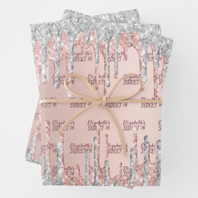 Sweet 16 Rose Gold Glitzer Tropfen Rosa Silber Geschenkpapier Set (Beispiel)