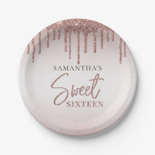 Sweet 16 Rose Gold Glitzer Tropfen Script Geburtst Pappteller