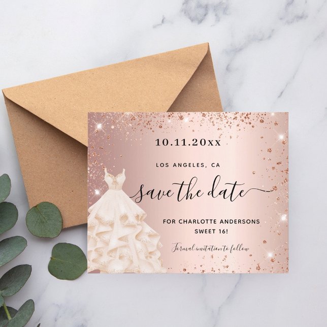Sweet 16 Rose Gold Kleid Budget Save the Date Flyer (Von Creator hochgeladen)