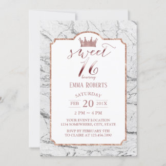 Sweet 16 Rose Gold Princess Crown White Marmor Einladung
