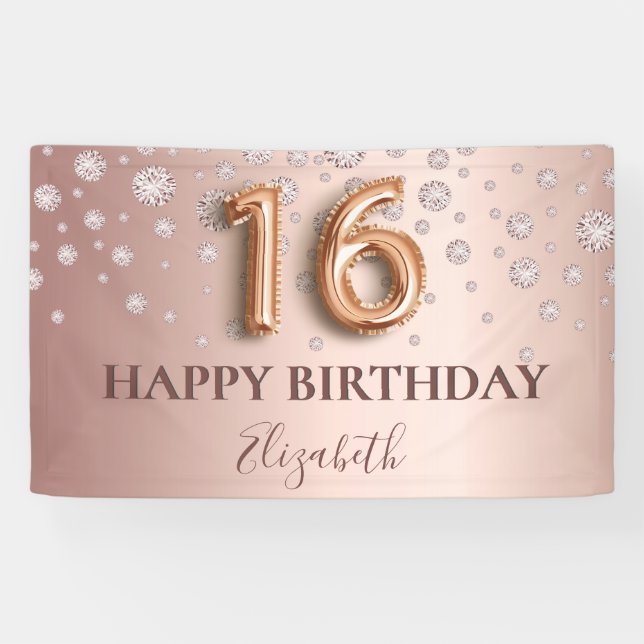 Sweet 16 Rose Gold rosa Diamanten Ballon Drehbuch Banner (Horizontal)