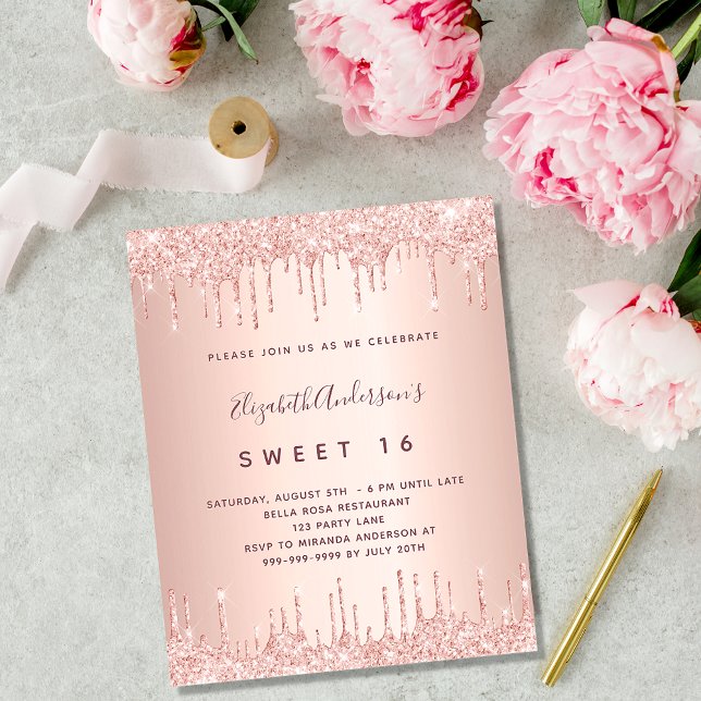 Sweet 16 Rose Gold Rosa Tropfen Einladungspostkarte (Von Creator hochgeladen)