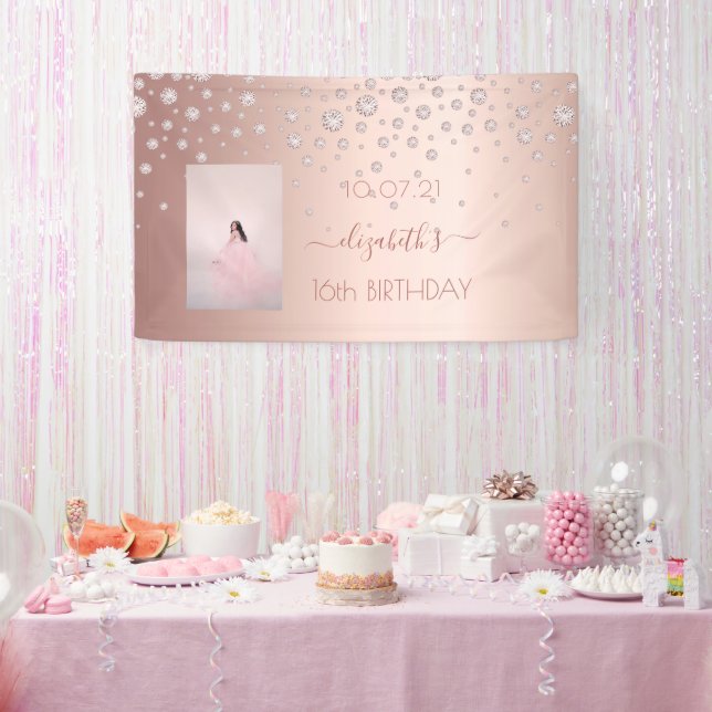 Sweet 16 Rose Gold Roush Foto Diamanten Banner (Party)