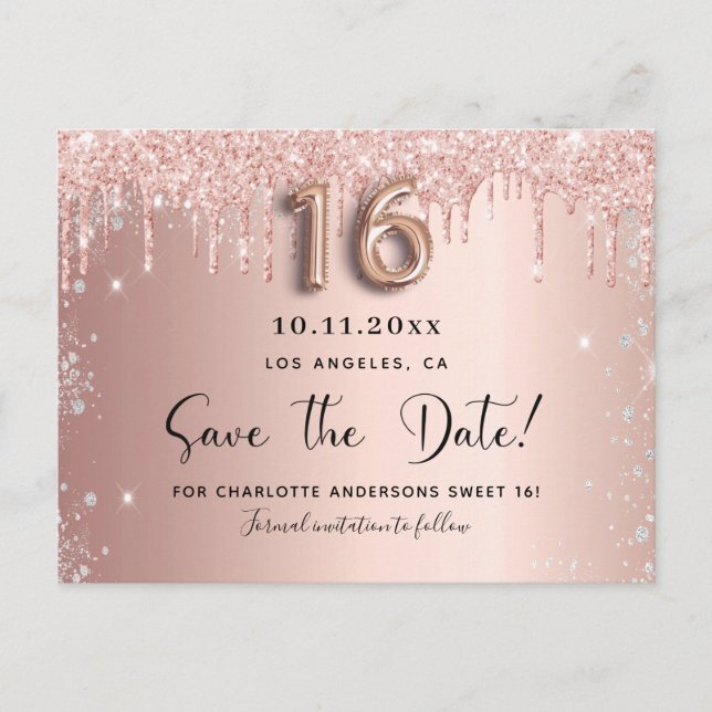Sweet 16 Rose Gold Save the Date Ankündigungspostkarte (Vorderseite)