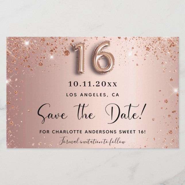 Sweet 16 Rose Gold Save the Date Karte (Vorderseite)