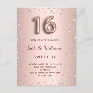 Sweet 16 Rose Gold Schwarz Diamanten Glas Postkarte