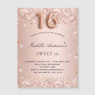Sweet 16 Rose Gold Schwarz Glitzer Magnet Einladun