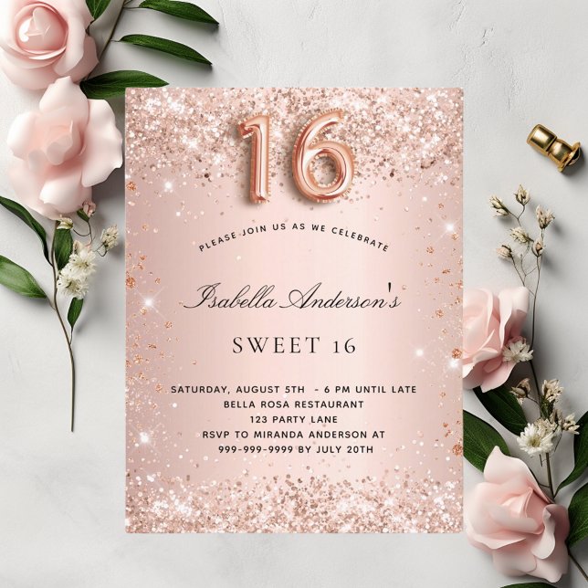 Sweet 16 Rose Gold Schwarz Glitzer Staubglasur Einladungspostkarte (Von Creator hochgeladen)