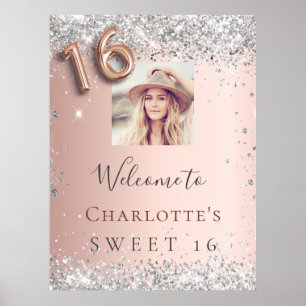 Sweet 16 Rose Gold Silber Glitzer Foto willkommen Poster
