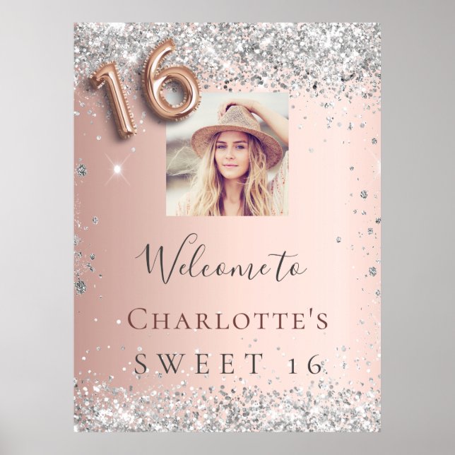 Sweet 16 Rose Gold Silber Glitzer Foto willkommen Poster (Vorne)