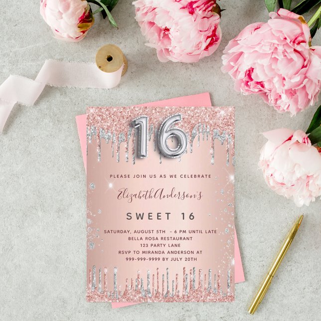 Sweet 16 Rose Gold Silber Glitzer Geburtstag Einladungspostkarte (Von Creator hochgeladen)