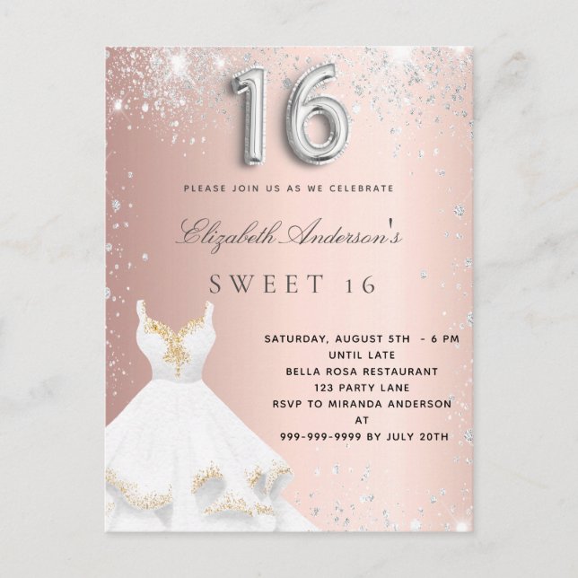 Sweet 16 Rose Gold Silberkleid Glitzer rot Einladungspostkarte (Vorderseite)