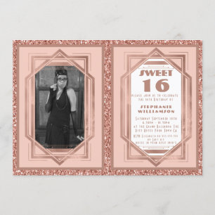 Sweet 16 Rose Gold und Glitzer Gatsby Art Deco Einladung