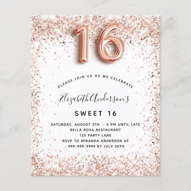 Sweet 16 Rose gold white budget Einladung Flyer (Vorne)