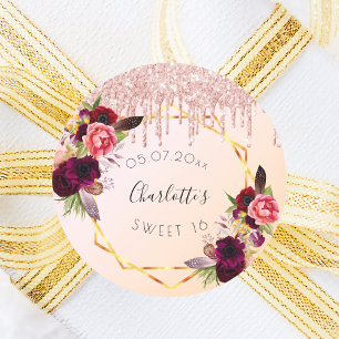 Sweet 16 Rose Goldrot Glitzer Blumengeometrie Runder Aufkleber