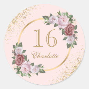 Sweet 16 Rosé Pink Gold Blumen Geburtstag Runder Aufkleber