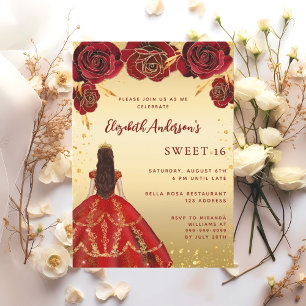 Sweet 16 Rot-Gold-Kleidung Florale Rose Einladung