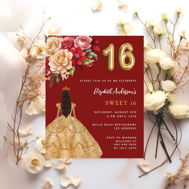 Sweet 16 Rot-Gold-Kleidung Florale Rose Einladung (Von Creator hochgeladen)