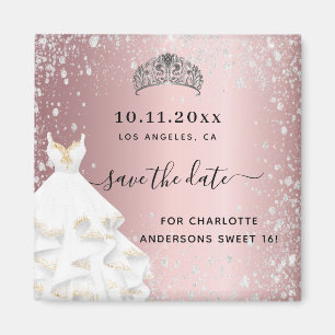 Sweet 16 rot-rosa Glitzer Kleid Save the Date Magnet