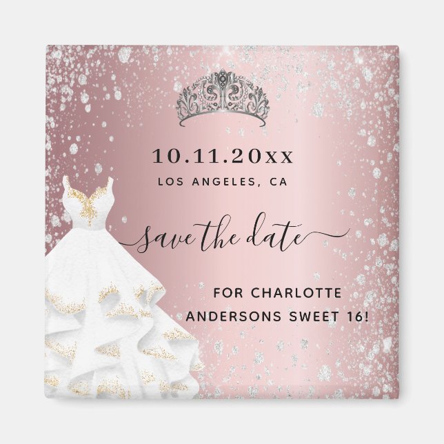 Sweet 16 rot-rosa Glitzer Kleid Save the Date Magnet (Vorne)
