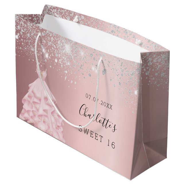 Sweet 16 rot rosa silberes Glitzer Große Geschenktüte (Rückseite Schrägansicht)