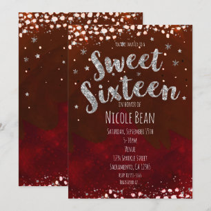 Sweet 16 Rot & Silber Sternennacht-Einladungen Einladung