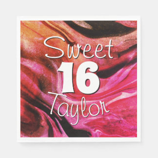 Sweet 16 Rot und Orange Marmor Personalisiert Serviette