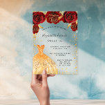 Sweet 16 rote Rosen Goldkleid Glitzer klar Acryleinladungen<br><div class="desc">Für ein elegantes Sweet 16. Ein klarer,  transparenter Hintergrund. Mit rote Rosen,  vergoldeten Glitzern und einem goldenen Kleid dekoriert. Personalisieren Sie Ihren Namen und Ihre Party-Daten und fügen Sie diese hinzu.</div>