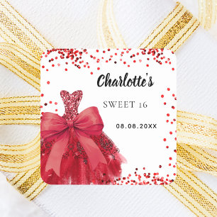 Sweet 16 rotes Kleid Bogen weiß Quadratischer Aufkleber