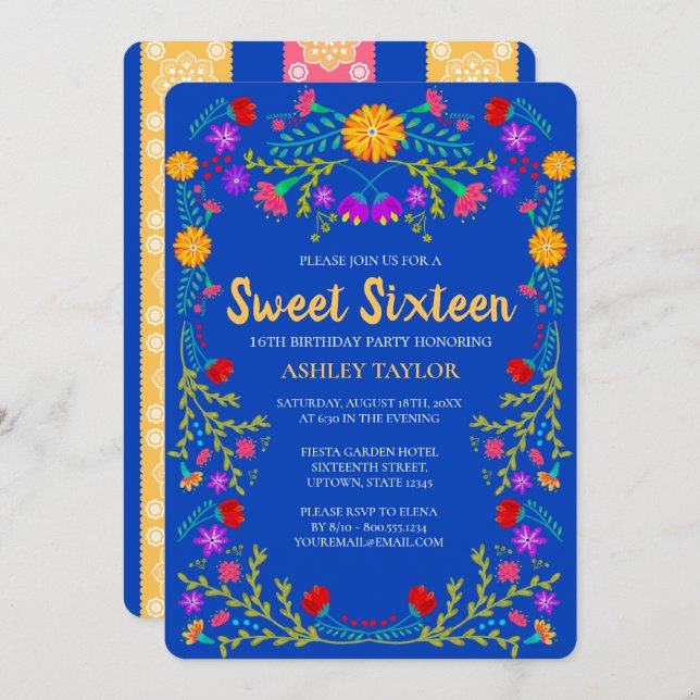 Sweet 16 Royal Blue Fiesta Blume 16. Einladung (Vorne/Hinten)